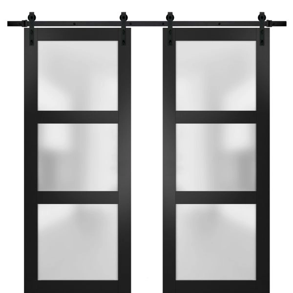 Sturdy Double Barn Door | Lucia 2552 Matte Black with Frosted Glass | 13FT Rail Hangers Heavy Set | Solid Panel Interior Doors