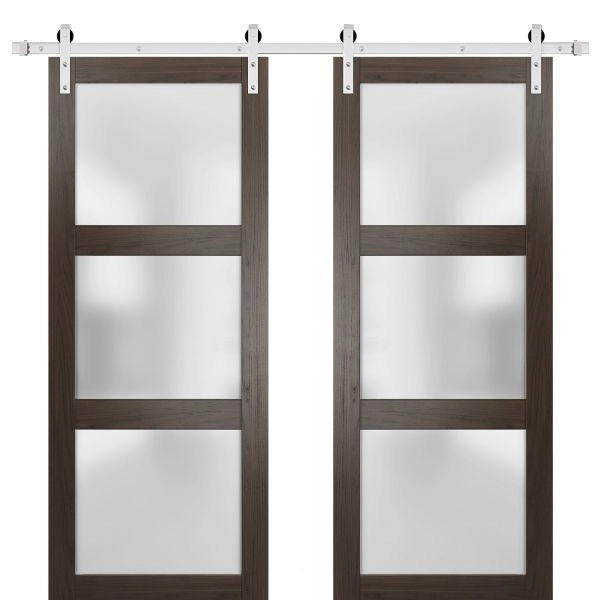 Sturdy Double Barn Door | Lucia 2552 Chocolate Ash with Frosted Glass | Silver 13FT Rail Hangers Heavy Set | Solid Panel Interior Doors