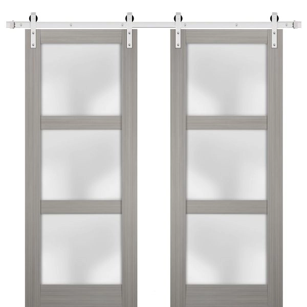 Sturdy Double Barn Door | Lucia 2552 Ginger Ash with Frosted Glass | 13FT Silver Rail Hangers Heavy Set | Solid Panel Interior Doors