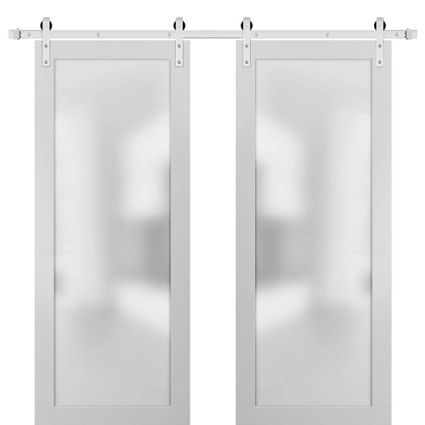Planum 2102 Interior Modern Closet Double Barn Doors White Silk with Black Hardware Rails 13FT