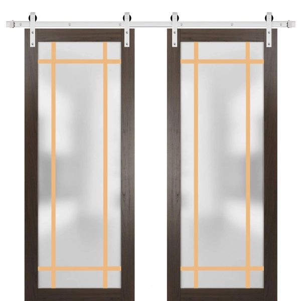 Sturdy Double Barn Door | Planum 2113 Chocolate Ash with Frosted Glass and Aluminum Strips | 13FT Silver Rail Hangers Heavy Set | Modern Solid Panel Interior Doors