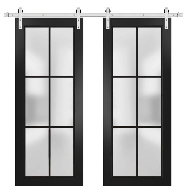 Sturdy Double Barn Door | Planum 2122 Matte Black with Frosted Glass and Aluminum Strips | 13FT Silver Rail Hangers Heavy Set | Modern Solid Panel Interior Doors