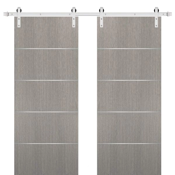Sliding Double Barn Doors with Hardware | Planum 0020 Grey Oak | 13FT Rail Hangers Sturdy Set | Modern Solid Panel Interior Hall Bedroom Bathroom Door