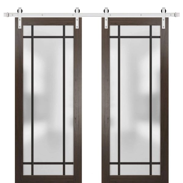 Sturdy Double Barn Door | Planum 2112 Chocolate Ash with Frosted Glass and Aluminum Strips | 13FT Silver Rail Hangers Heavy Set | Modern Solid Panel Interior Doors