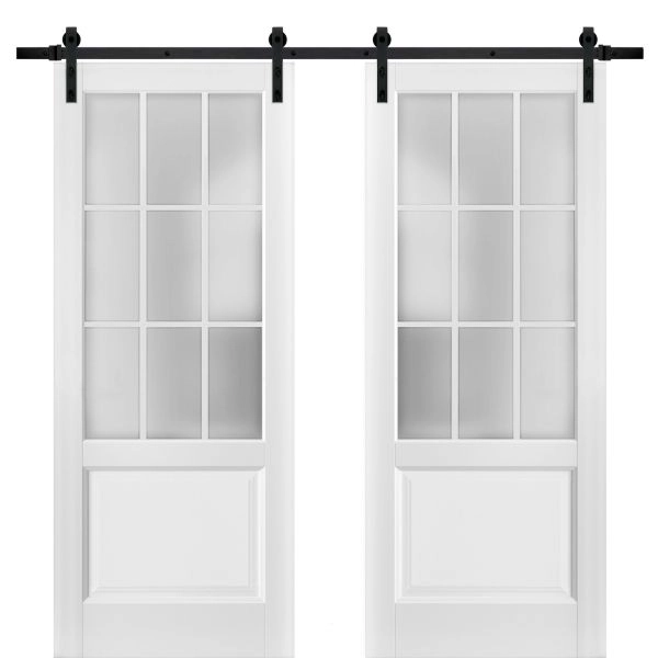 Sturdy Double Barn Door with | Felicia 3309 White Silk with Frosted Glass | 13FT Rail Hangers Heavy Set | Solid Panel Interior Doors