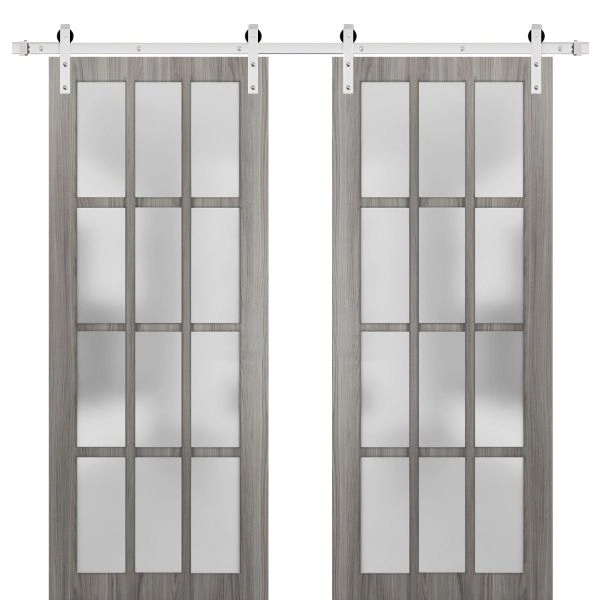 Sturdy Double Barn Door 12 Lites | Felicia 3312 Ginger Ash Grey with Frosted Glass | Silver 13FT Rail Hangers Heavy Set | Solid Panel Interior Doors