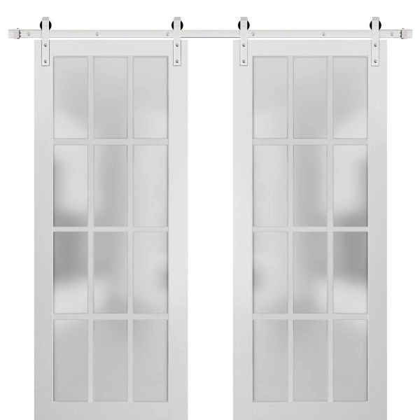Sturdy Double Barn Door with Clear Frosted 12 lites with Frosted Glass | Felicia 3312 Matte White | 13FT Rail Hangers Heavy Set | Solid Panel Interior Doors