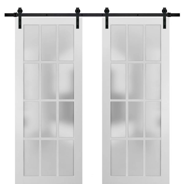 Sturdy Double Barn Door with Frosted Glass 12 Lites | Felicia 3312 Matte White | 13FT Rail Hangers Heavy Set | Solid Panel Interior Doors-36" x 80" (2* 18x80)