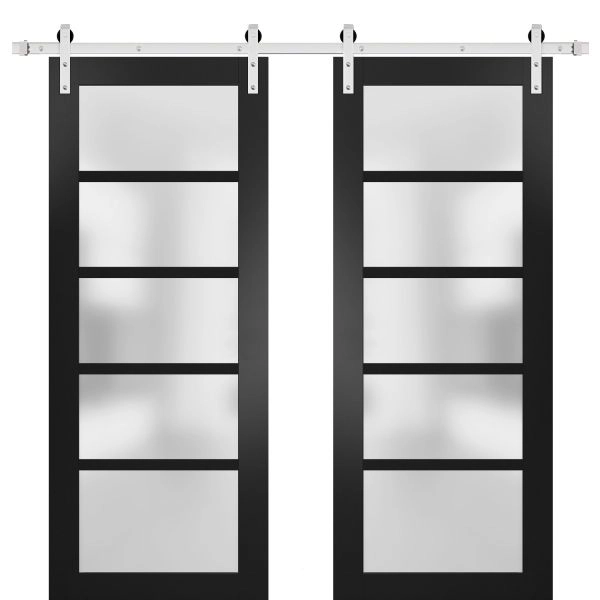 Sturdy Double Barn Door | Quadro 4002 Matte Black with Frosted Glass | Silver 13FT Rail Hangers Heavy Set | Solid Panel Interior Doors