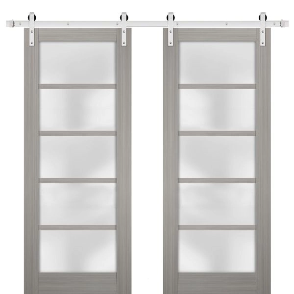 Sturdy Double Barn Door | Quadro 4002 Ginger Ash with Frosted Glass | Silver 13FT Rail Hangers Heavy Set | Solid Panel Interior Doors
