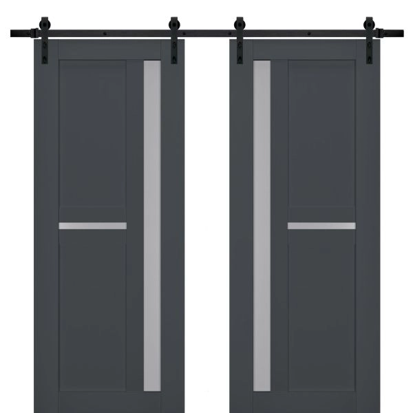 Sturdy Double Barn Door | Veregio 7288 Antracite with Frosted Glass | 13FT Rail Hangers Heavy Set | Solid Panel Interior Doors