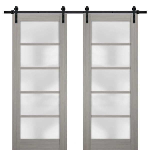 Sturdy Double Barn Door | Quadro 4002 Ginger Ash with Frosted Glass | 13FT Rail Hangers Heavy Set | Solid Panel Interior Doors