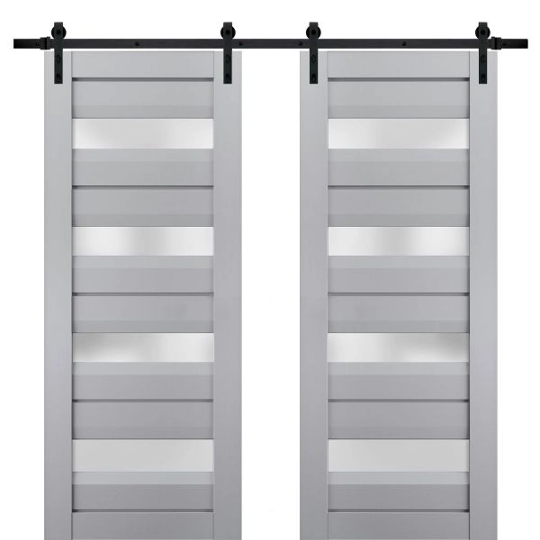 Sturdy Double Barn Door | Veregio 7455 Matte Grey with Frosted Glass | 13FT Rail Hangers Heavy Set | Solid Panel Interior Doors