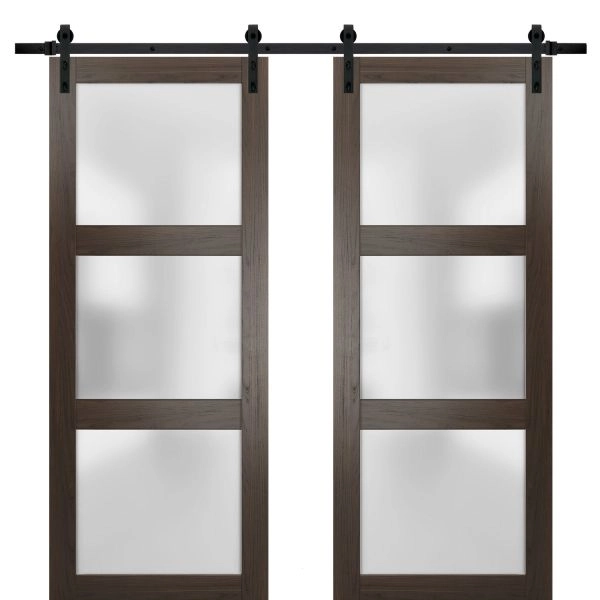 Sturdy Double Barn Door | Lucia 2552 Chocolate Ash with Frosted Glass | 13FT Rail Hangers Heavy Set | Solid Panel Interior Doors