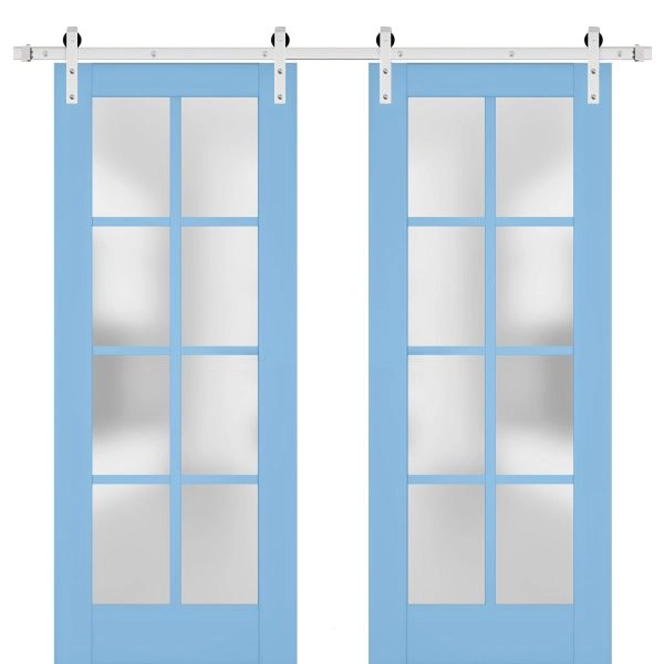 Sturdy Double Barn Door | Veregio 7412 Aquamarine with Frosted Glass | Silver 13FT Rail Hangers Heavy Set | Solid Panel Interior Doors