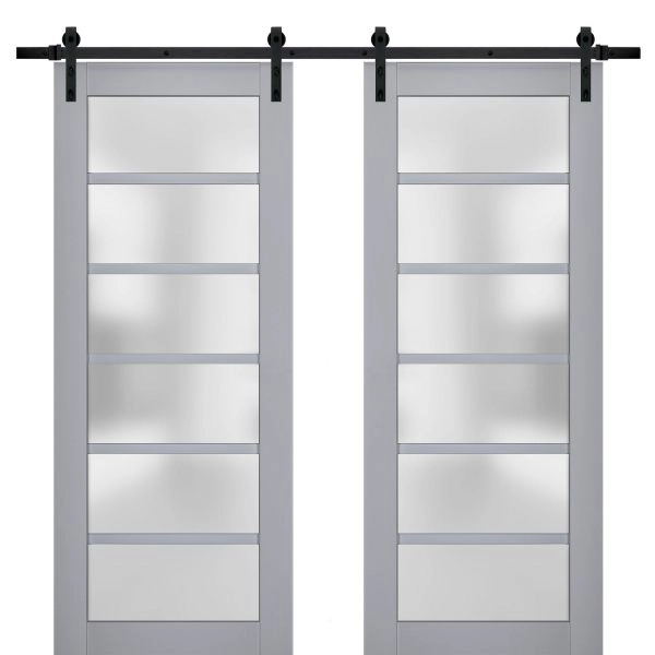 Sturdy Double Barn Door | Veregio 7602 Matte Grey with Frosted Glass | 13FT Rail Hangers Heavy Set | Solid Panel Interior Doors