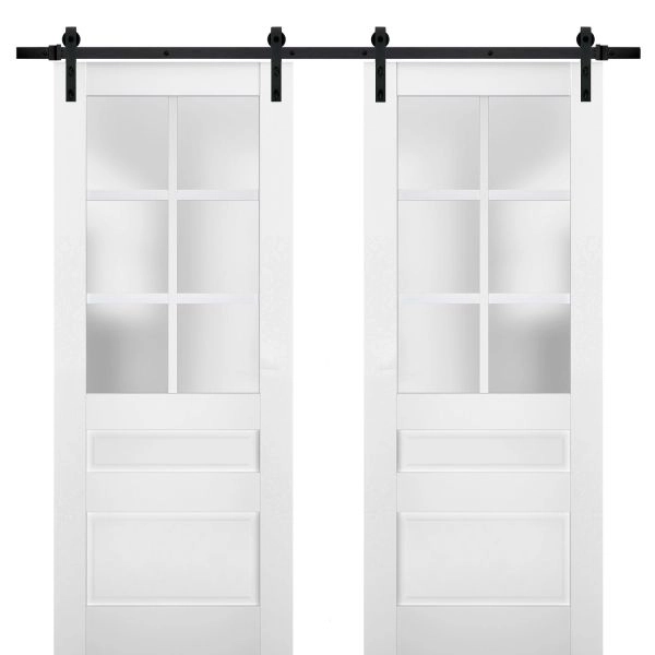 Sturdy Double Barn Door | Veregio 7339 White Silk with Frosted Glass | 13FT Rail Hangers Heavy Set | Solid Panel Interior Doors