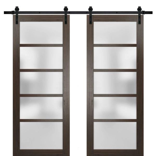 Sturdy Double Barn Door | Quadro 4002 Chocolate Ash with Frosted Glass | 13FT Rail Hangers Heavy Set | Solid Panel Interior Doors