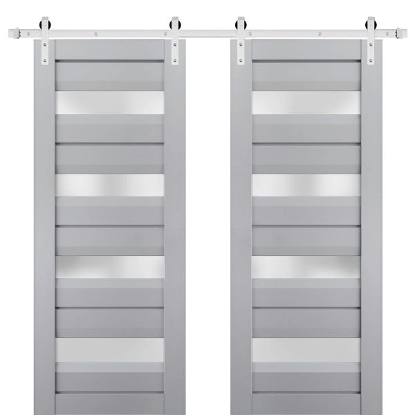Sturdy Double Barn Door | Veregio 7455 Matte Grey with Frosted Glass | Silver 13FT Rail Hangers Heavy Set | Solid Panel Interior Doors