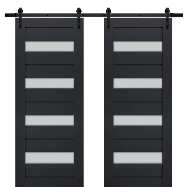 Sturdy Double Barn Door | Veregio 7455 Antracite with Frosted Glass | 13FT Rail Hangers Heavy Set | Solid Panel Interior Doors