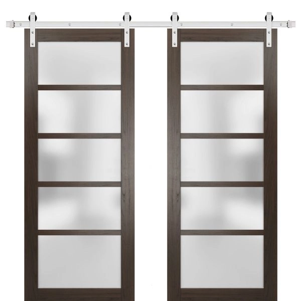Sturdy Double Barn Door | Quadro 4002 Chocolate Ash with Frosted Glass | Silver 13FT Rail Hangers Heavy Set | Solid Panel Interior Doors