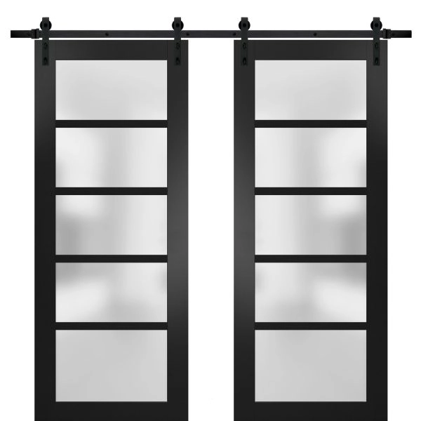 Sturdy Double Barn Door | Quadro 4002 Matte Black with Frosted Glass | 13FT Rail Hangers Heavy Set | Solid Panel Interior Doors