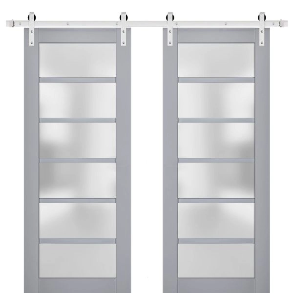 Sturdy Double Barn Door | Veregio 7602 Matte Grey with Frosted Glass | Silver 13FT Rail Hangers Heavy Set | Solid Panel Interior Doors