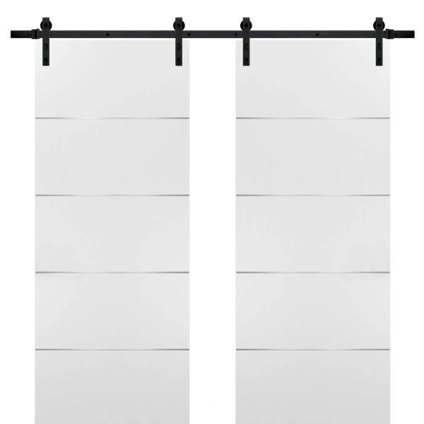 Planum 0020 Interior Modern Closet Double Barn Doors White Silk with Black Hardware Rails 13FT