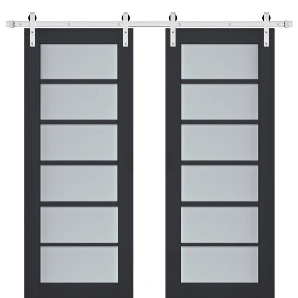 Sturdy Double Barn Door | Veregio 7602 Antracite with Frosted Glass | Silver 13FT Rail Hangers Heavy Set | Solid Panel Interior Doors