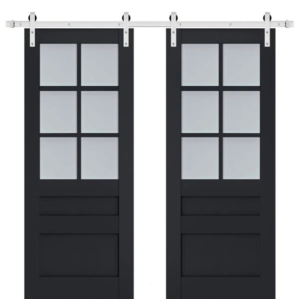 Sturdy Double Barn Door | Veregio 7339 Antracite with Frosted Glass | Silver 13FT Rail Hangers Heavy Set | Solid Panel Interior Doors