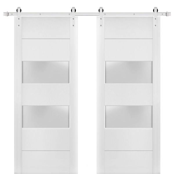 Sturdy Double Barn Door with 2 lites | Lucia 4010 White Silk with Frosted Glass | 13FT Steinless Steel Rail Hangers Heavy Set | Solid Panel Interior Doors