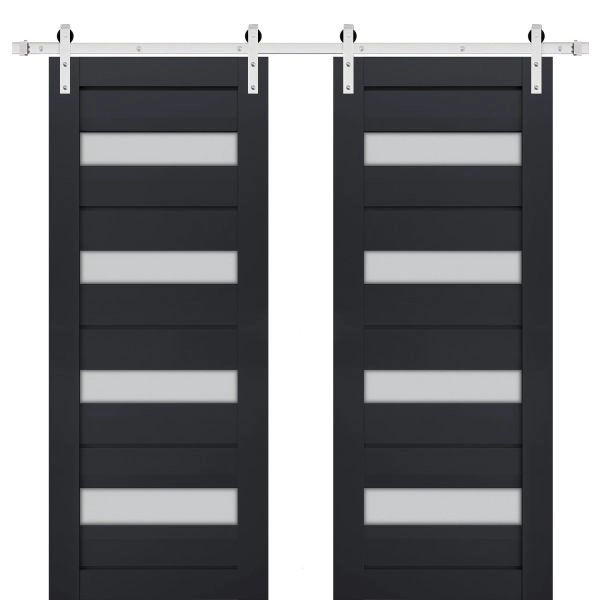 Sturdy Double Barn Door | Veregio 7455 Antracite with Frosted Glass | Silver 13FT Rail Hangers Heavy Set | Solid Panel Interior Doors