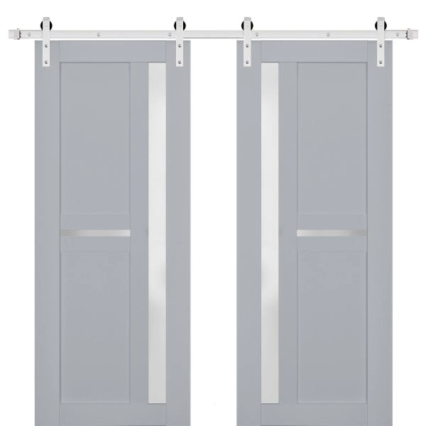Sturdy Double Barn Door | Veregio 7288 Matte Grey with Frosted Glass | Silver 13FT Rail Hangers Heavy Set | Solid Panel Interior Doors