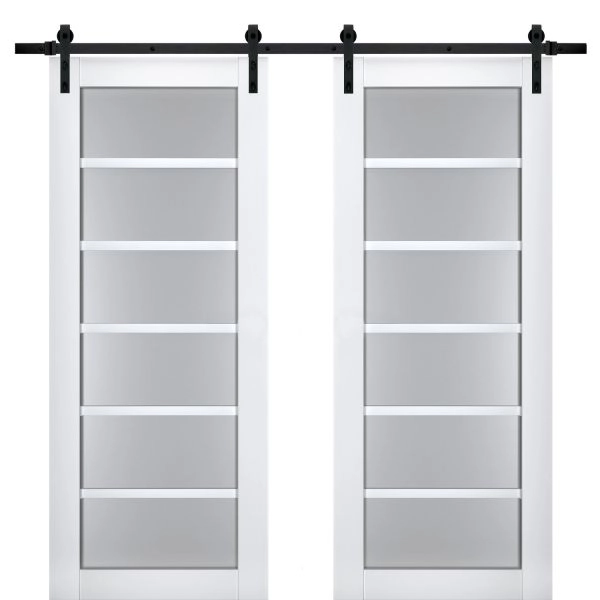Sturdy Double Barn Door | Veregio 7602 White Silk with Frosted Glass | 13FT Rail Hangers Heavy Set | Solid Panel Interior Doors