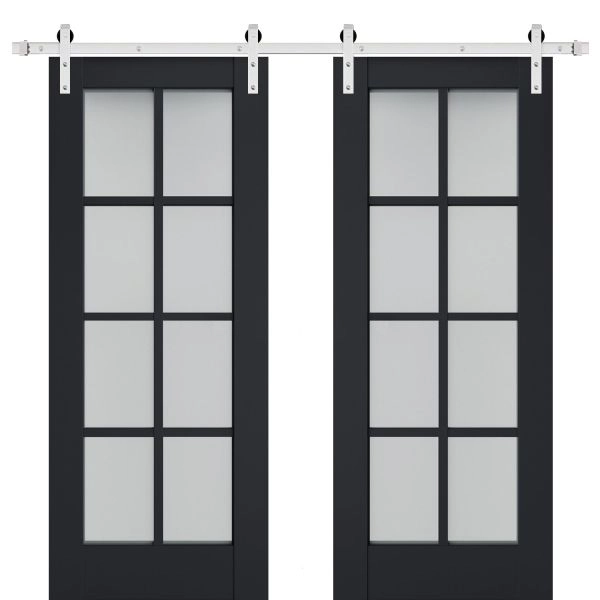 Sturdy Double Barn Door | Veregio 7412 Antracite with Frosted Glass | Silver 13FT Rail Hangers Heavy Set | Solid Panel Interior Doors