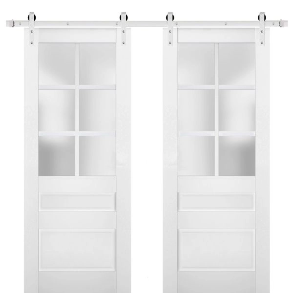 Sturdy Double Barn Door | Veregio 7339 White Silk with Frosted Glass | Silver 13FT Rail Hangers Heavy Set | Solid Panel Interior Doors