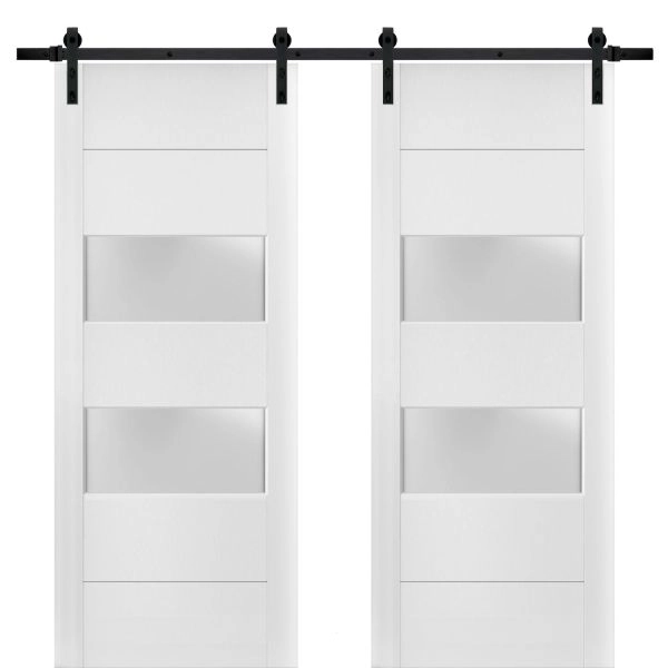 Sturdy Double Barn Door with 2 lites | Lucia 4010 White Silk with Frosted Glass | 13FT Rail Hangers Heavy Set | Solid Panel Interior Doors