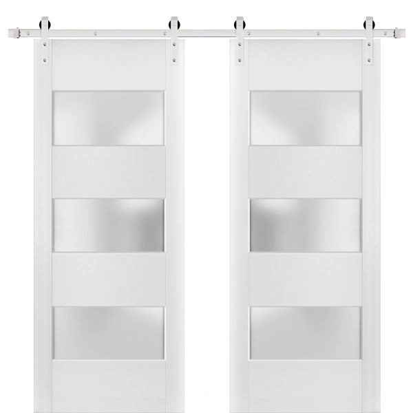 Sturdy Double Barn Door with 2 lites | Lucia 4070 White Silk with Frosted Glass | 13FT Steinless Steel Rail Hangers Heavy Set | Solid Panel Interior Doors
