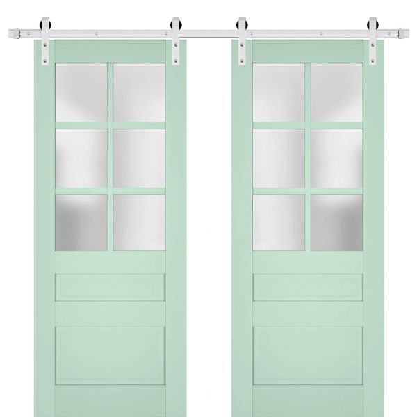 Sturdy Double Barn Door | Veregio 7339 Oliva with Frosted Glass | Silver 13FT Rail Hangers Heavy Set | Solid Panel Interior Doors