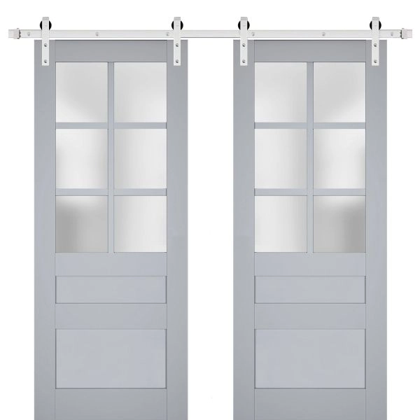 Sturdy Double Barn Door | Veregio 7339 Matte Grey with Frosted Glass | Silver 13FT Rail Hangers Heavy Set | Solid Panel Interior Doors