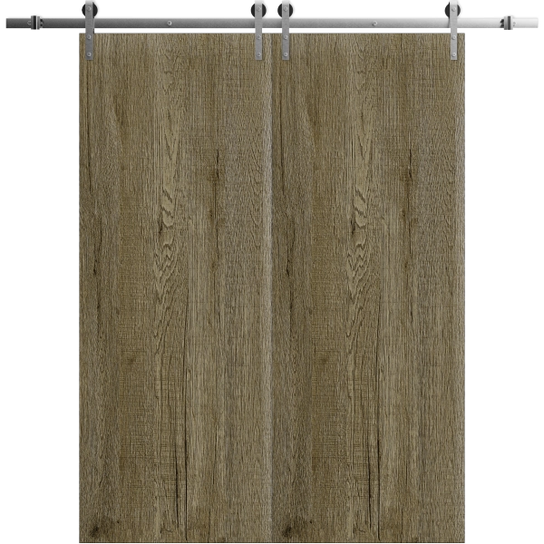 Modern Double Barn Door 36 x 80 inches | BASIC 3001 Antique Oak | 13FT Silver Rail Track Set | Solid Panel Interior Doors