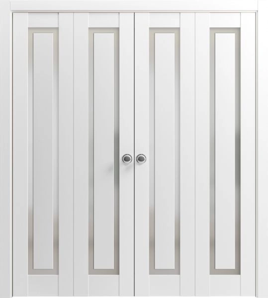 Sliding Closet Double Bi-fold Doors | Planum 0888 Painted White with Frosted Glass | Sturdy Tracks Moldings Trims Hardware Set | Wood Solid Bedroom Wardrobe Doors 