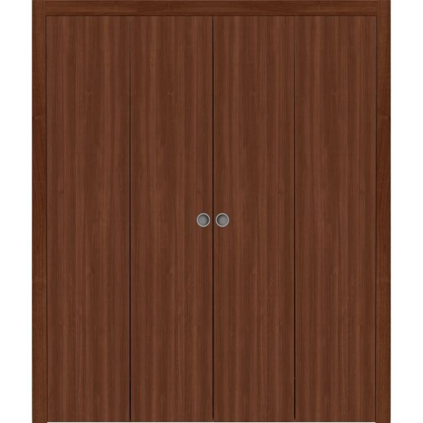 Sliding Closet Double Bi-fold Doors 72 x 80 inches | BASIC 3001 Walnut Franko | Sturdy Tracks Moldings Trims Hardware Set | Wood Solid Bedroom Wardrobe Doors
