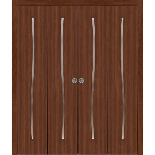 Sliding Closet Double Bi-fold Doors 72 x 80 inches | BASIC 3002 Walnut Franko | Sturdy Tracks Moldings Trims Hardware Set | Wood Solid Bedroom Wardrobe Doors