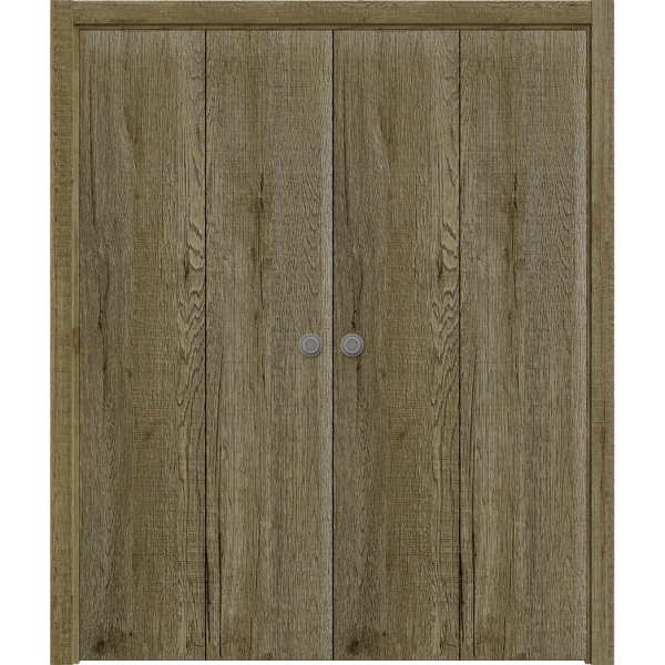 Sliding Closet Double Bi-fold Doors 72 x 80 inches | BASIC 3001 Antique Oak | Sturdy Tracks Moldings Trims Hardware Set | Wood Solid Bedroom Wardrobe Doors