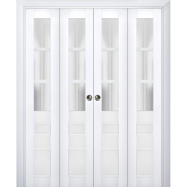 Sliding Closet Double Bi-fold Doors | Veregio 7339 White Silk with Frosted Glass | Sturdy Tracks Moldings Trims Hardware Set | Wood Solid Bedroom Wardrobe Doors 