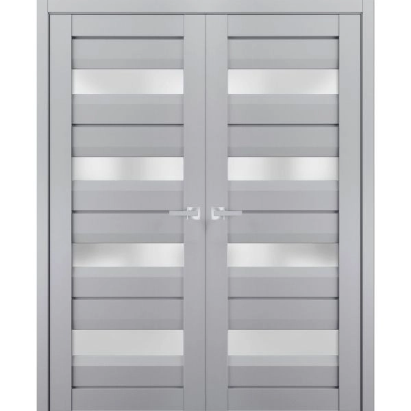 Interior Solid French Double Doors | Veregio 7455 Matte Grey with Frosted Glass | Wood Solid Panel Frame Trims | Closet Bedroom Sturdy Doors 