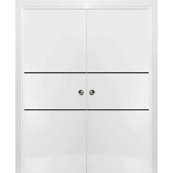 Sliding Double Pocket Door with Frames | Planum 0014 White Silk and Aluminum Strips | Kit Trims Rail Hardware | Solid Wood Interior Bedroom Bathroom Closet Sturdy Doors
