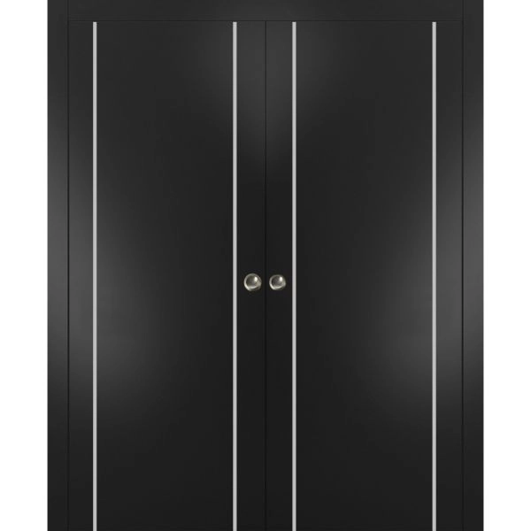 Sliding Double Pocket Door with Frames | Planum 0410 Matte Black | Kit Trims Rail Hardware | Solid Wood Interior Bedroom Bathroom Closet Sturdy Doors