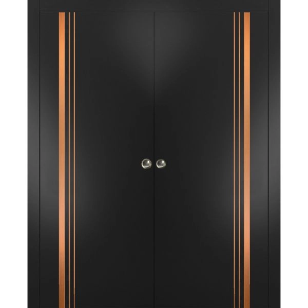 Sliding Double Pocket Door with Frames | Planum 1010 Matte Black and Aluminum Strips | Kit Trims Rail Hardware | Solid Wood Interior Bedroom Bathroom Closet Sturdy Doors